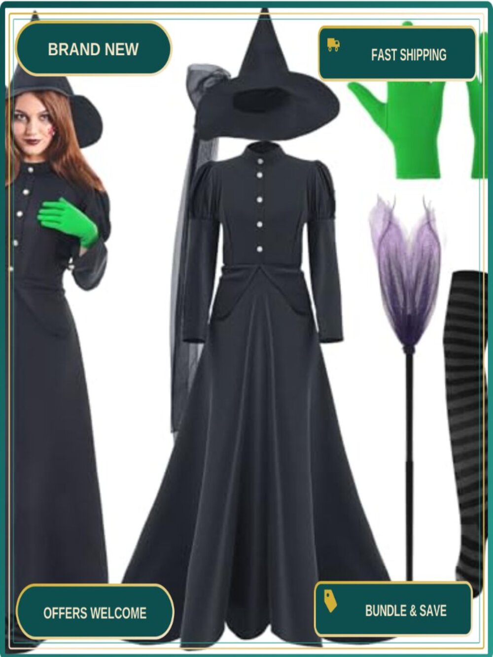 Witch Costume Set Dress Hat Gloves Socks Broom Halloween Cosplay